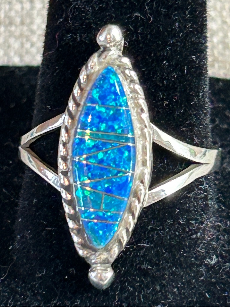 Lab Grown Blue Opal Inlay Ring. Sz 9. Sterling.